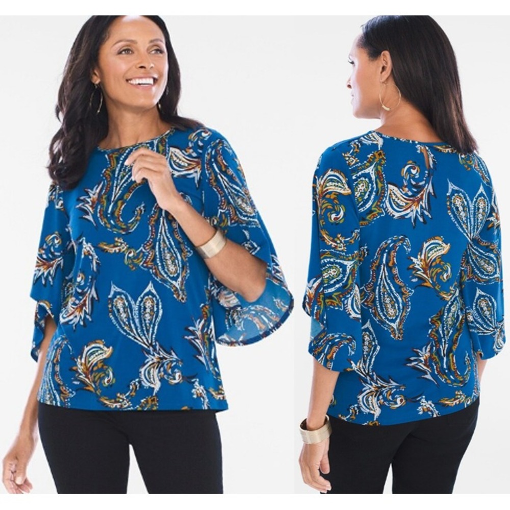 Chicos Womens Shirt LARGE Blue Tunic‎ Paisley Flare Sleeve Top Pullover Stretch